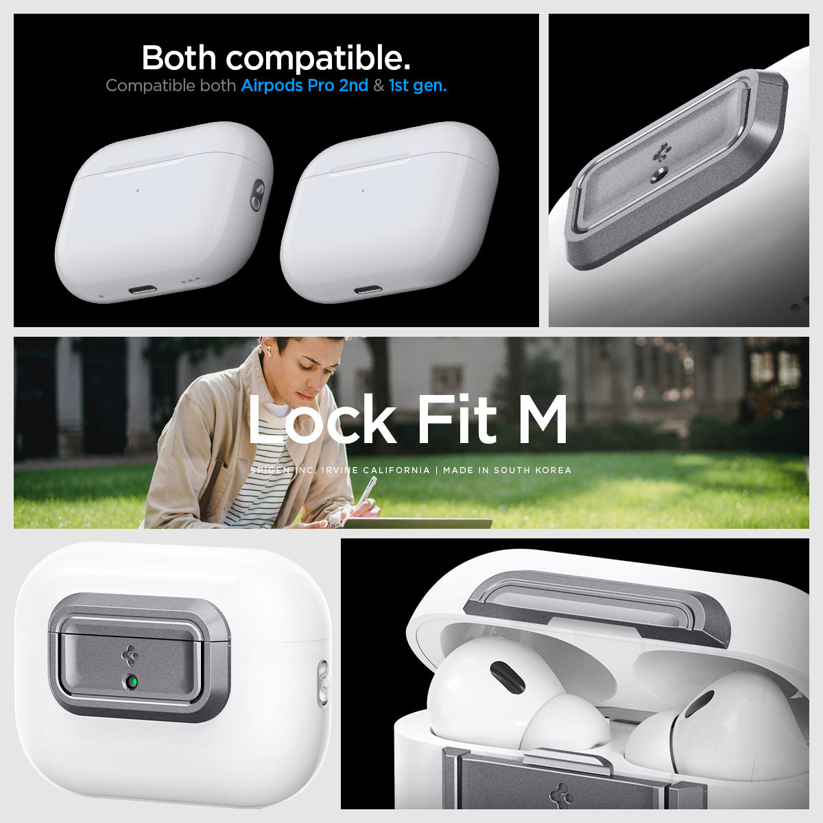 ASD06155 - AirPods Pro 2 Lock Fit M in Metallic Gray showing the compatibility. Compatible with both Airpods Pro 2nd & 1st gen