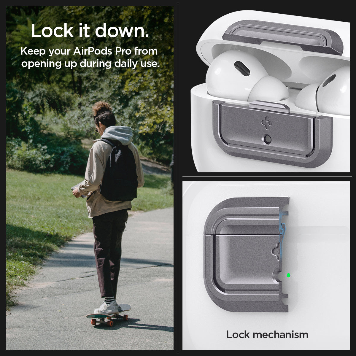ASD06155 - AirPods Pro 2 Lock Fit M in Metallic Gray showing the lock it down. Keep your Airpods Pro from opening up during daily use