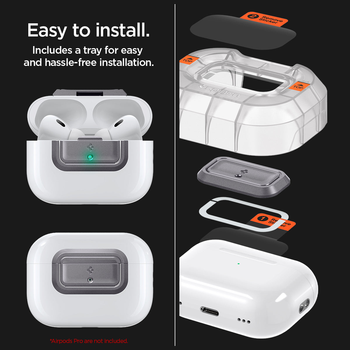 ASD06155 - AirPods Pro 2 Lock Fit M in Metallic Gray showing how easy it is to install. Includes a tray for easy and hassle-free installation