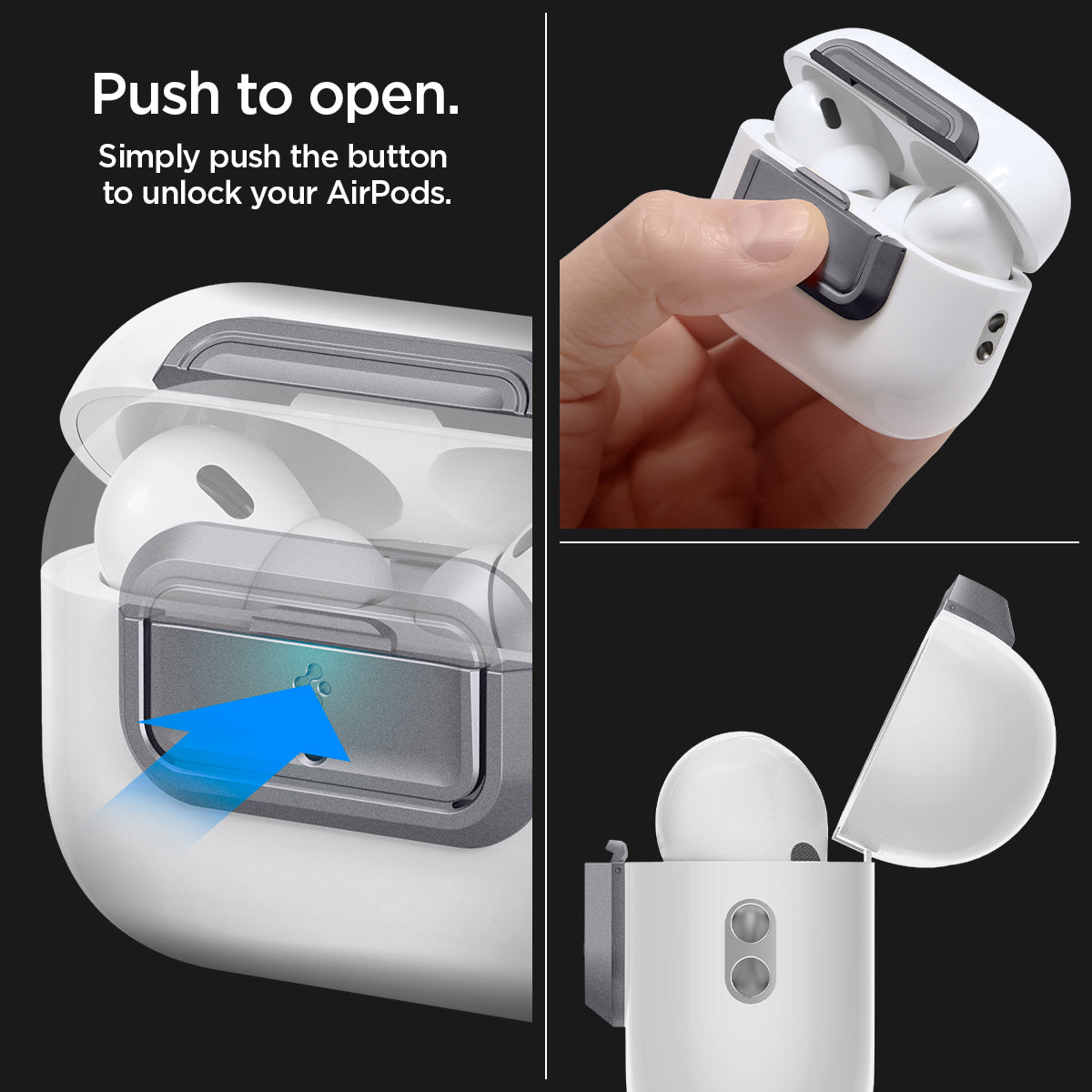 ASD06155 - AirPods Pro 2 Lock Fit M in Metallic Gray showing the push to open. Simply push the button to unlock your AirPods