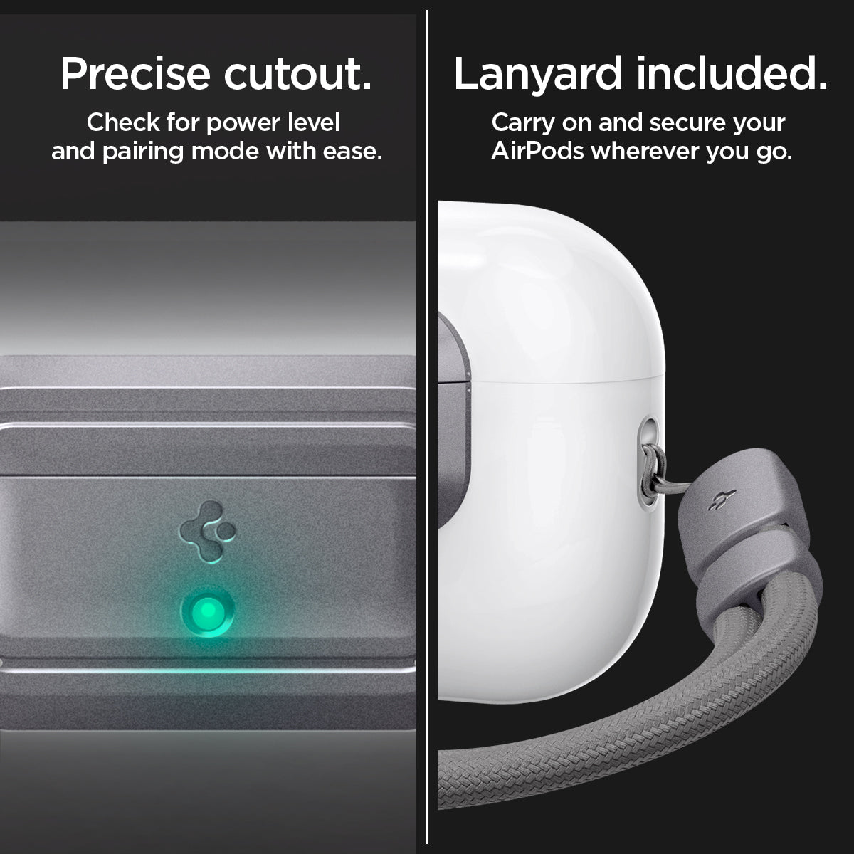 ASD06155 - AirPods Pro 2 Lock Fit M in Metallic Gray showing the precise cutout. Check for power level and pairing mode with ease. Lanyard included. Carry on and secure your AirPods wherever you go