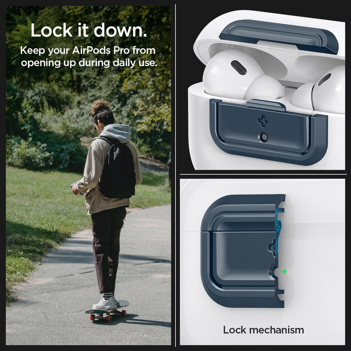 ASD06153 - AirPods Pro 2 Lock Fit M in Metal Slate showing the lock it down. Keep your Airpods Pro from opening up during daily use