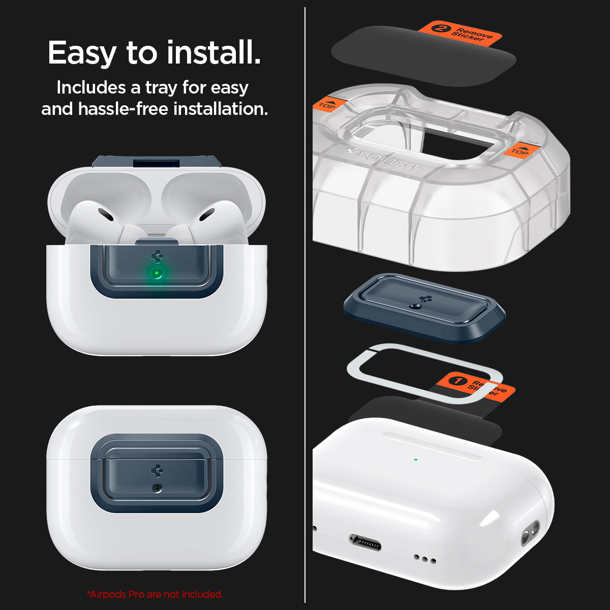 ASD06153 - AirPods Pro 2 Lock Fit M in Metal Slate showing how easy it is to install. Includes a tray for easy and hassle-free installation