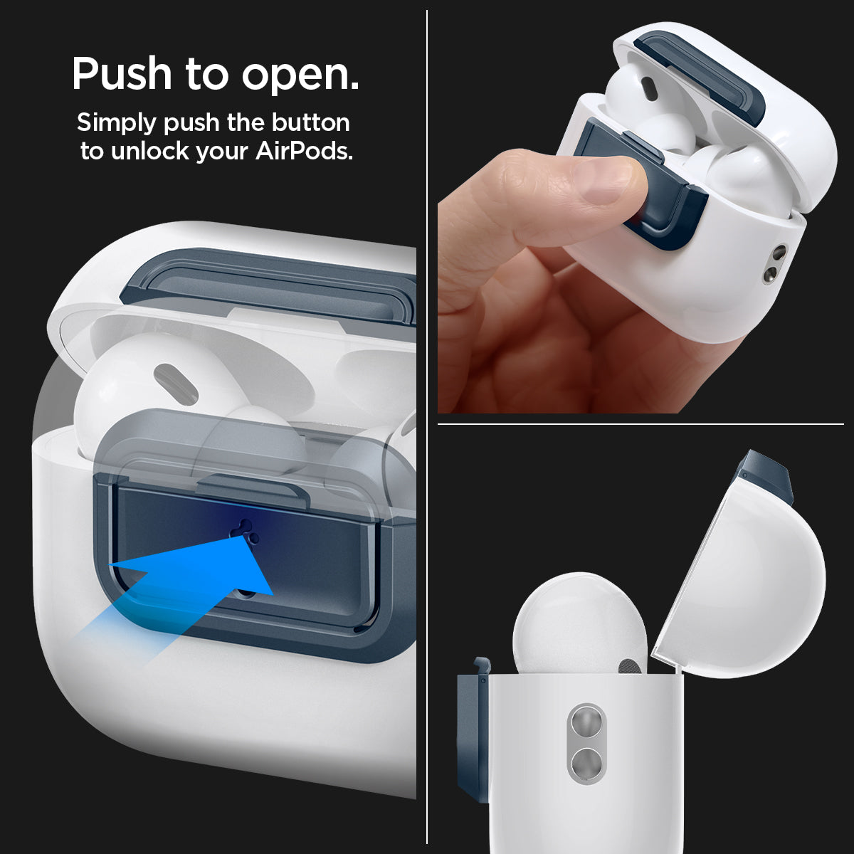 ASD06153 - AirPods Pro 2 Lock Fit M in Metal Slate showing the push to open. Simply push the button to unlock your AirPods