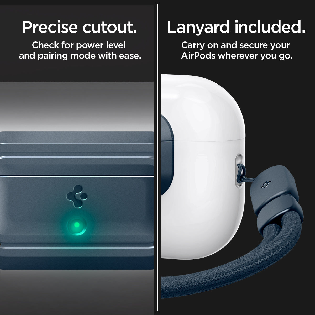 ASD06153 - AirPods Pro 2 Lock Fit M in Metal Slate showing the precise cutout. Check for power level and pairing mode with ease. Lanyard included. Carry on and secure your AirPods wherever you go