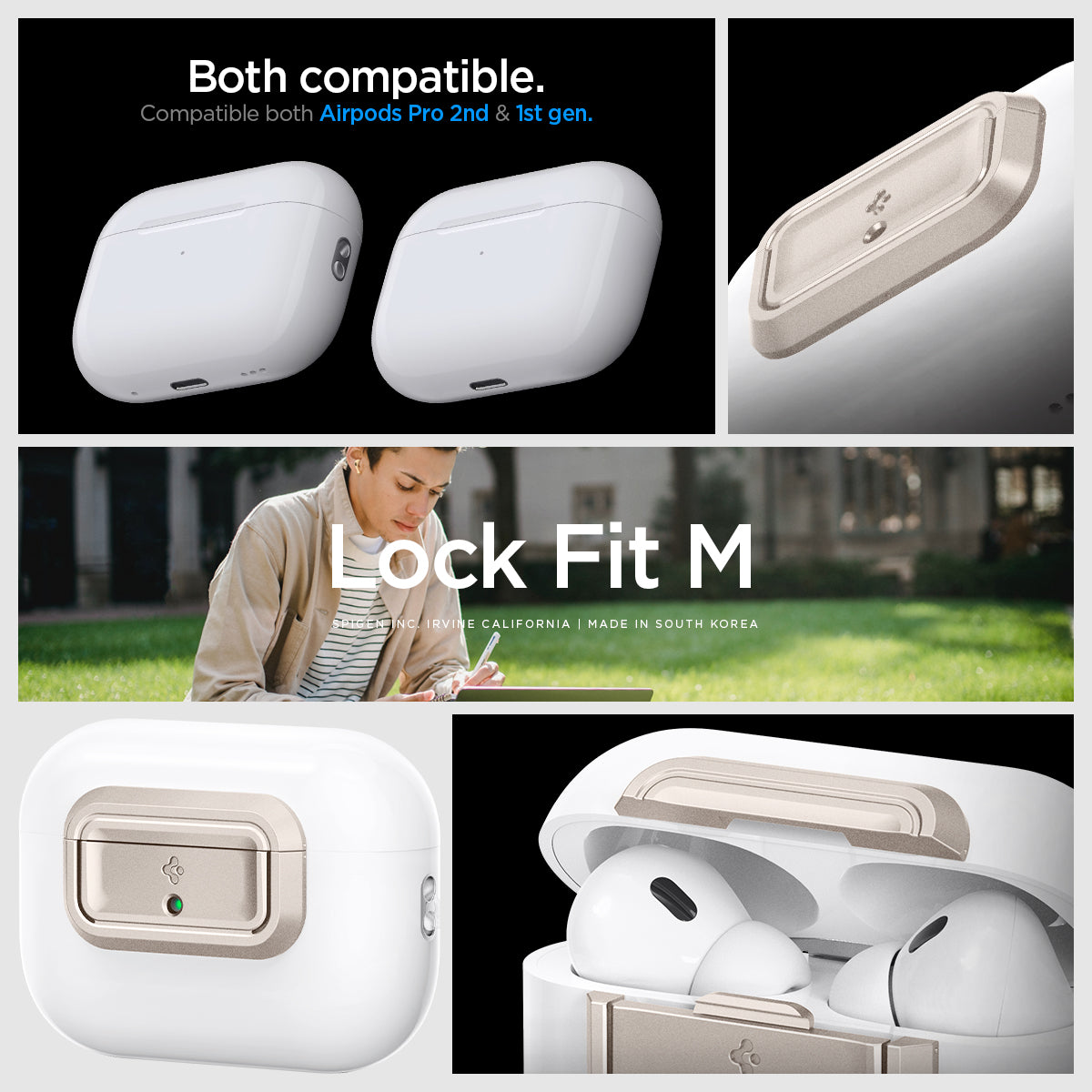 ASD06154 - AirPods Pro 2 Lock Fit M in Starlight showing the compatibility. Compatible with both Airpods Pro 2nd & 1st gen
