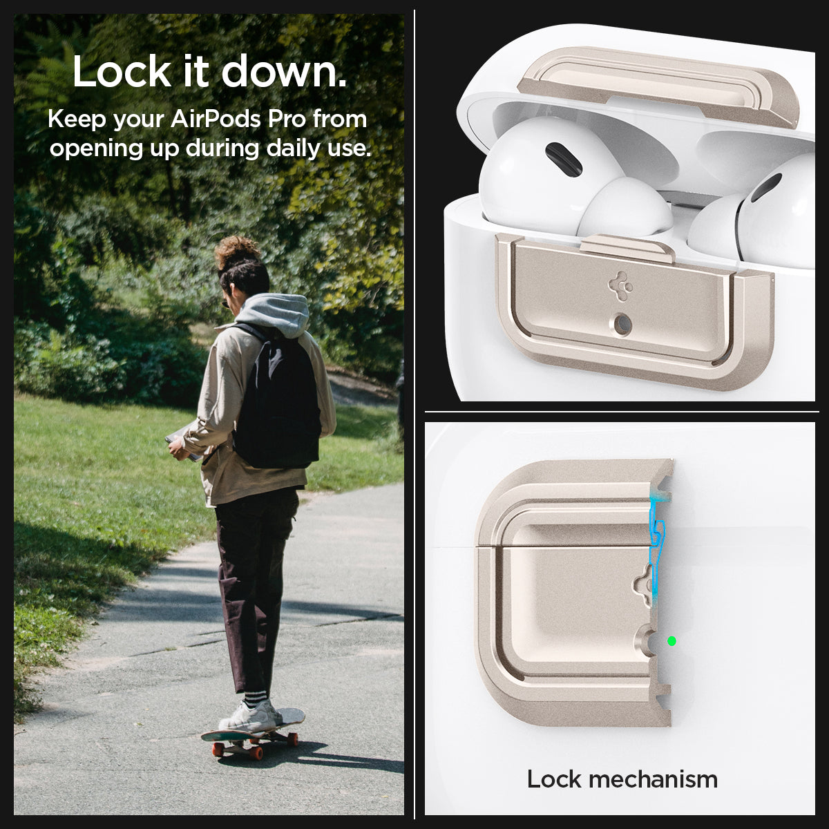 ASD06154 - AirPods Pro 2 Lock Fit M in Starlight showing the lock it down. Keep your Airpods Pro from opening up during daily use