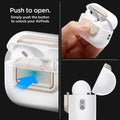 ASD06154 - AirPods Pro 2 Lock Fit M in Starlight showing the push to open. Simply push the button to unlock your AirPods