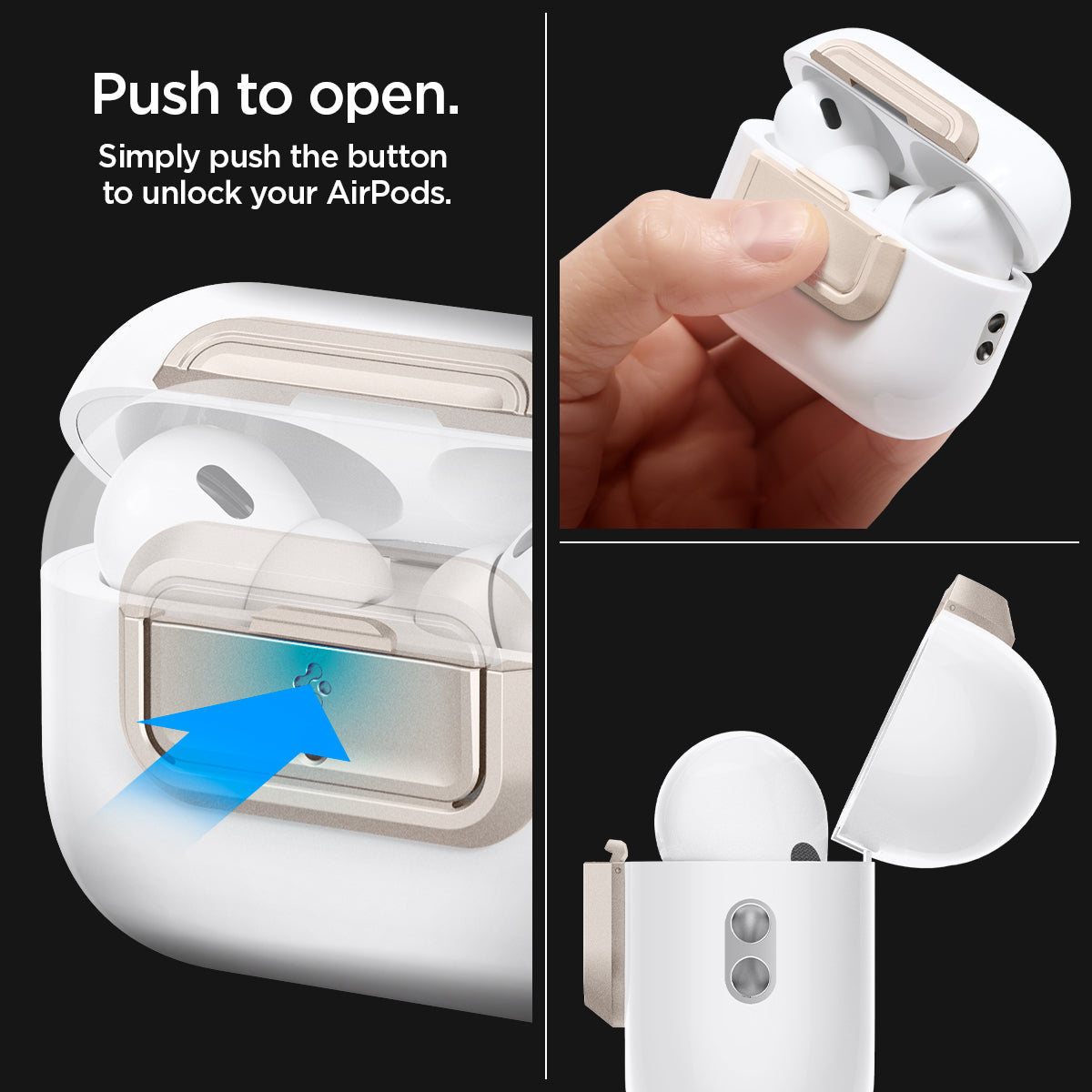 ASD06154 - AirPods Pro 2 Lock Fit M in Starlight showing the push to open. Simply push the button to unlock your AirPods