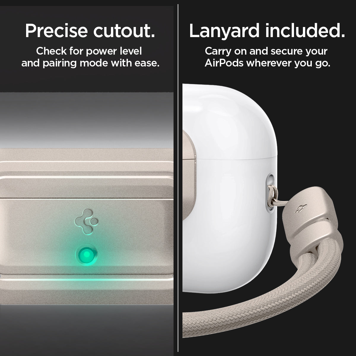 ASD06154 - AirPods Pro 2 Lock Fit M in Starlight showing the precise cutout. Check for power level and pairing mode with ease. Lanyard included. Carry on and secure your AirPods wherever you go