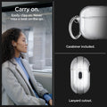 ACS05481 - Apple AirPods Pro 2 Case Ultra Hybrid in crystal clear showing the easily clips on. Never miss a beat on-the-go, carabiner included with lanyard cutout