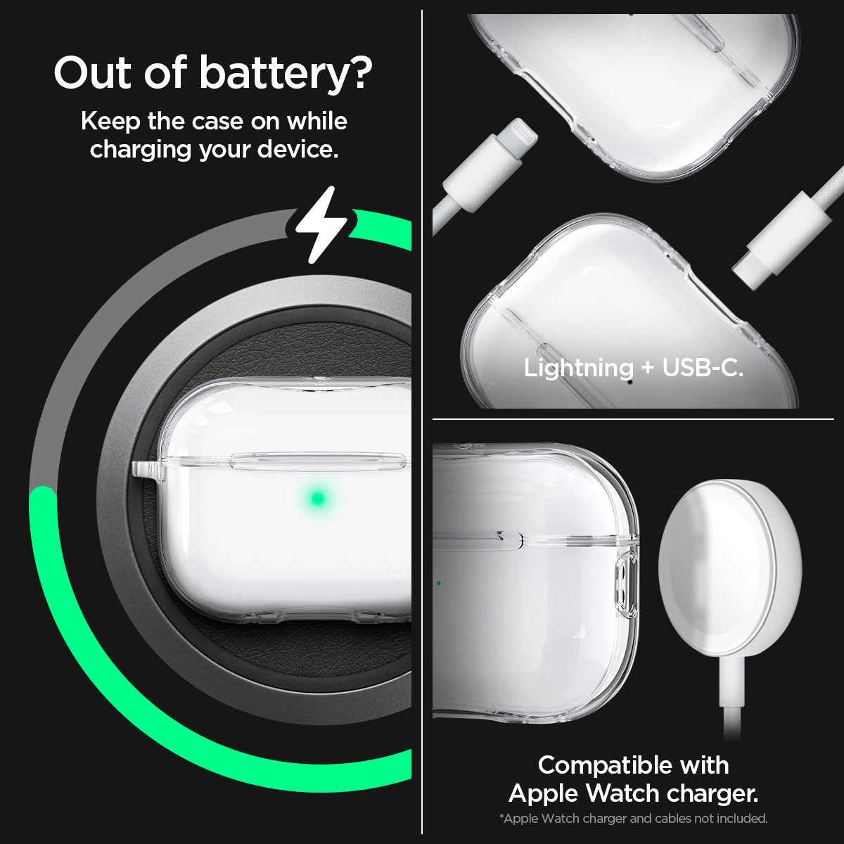 ACS05481 - Apple AirPods Pro 2 Case Ultra Hybrid in crystal clear showing how it keep the case on while charging your device. Lighthing + USB-C. Compatible with Apple watch charger