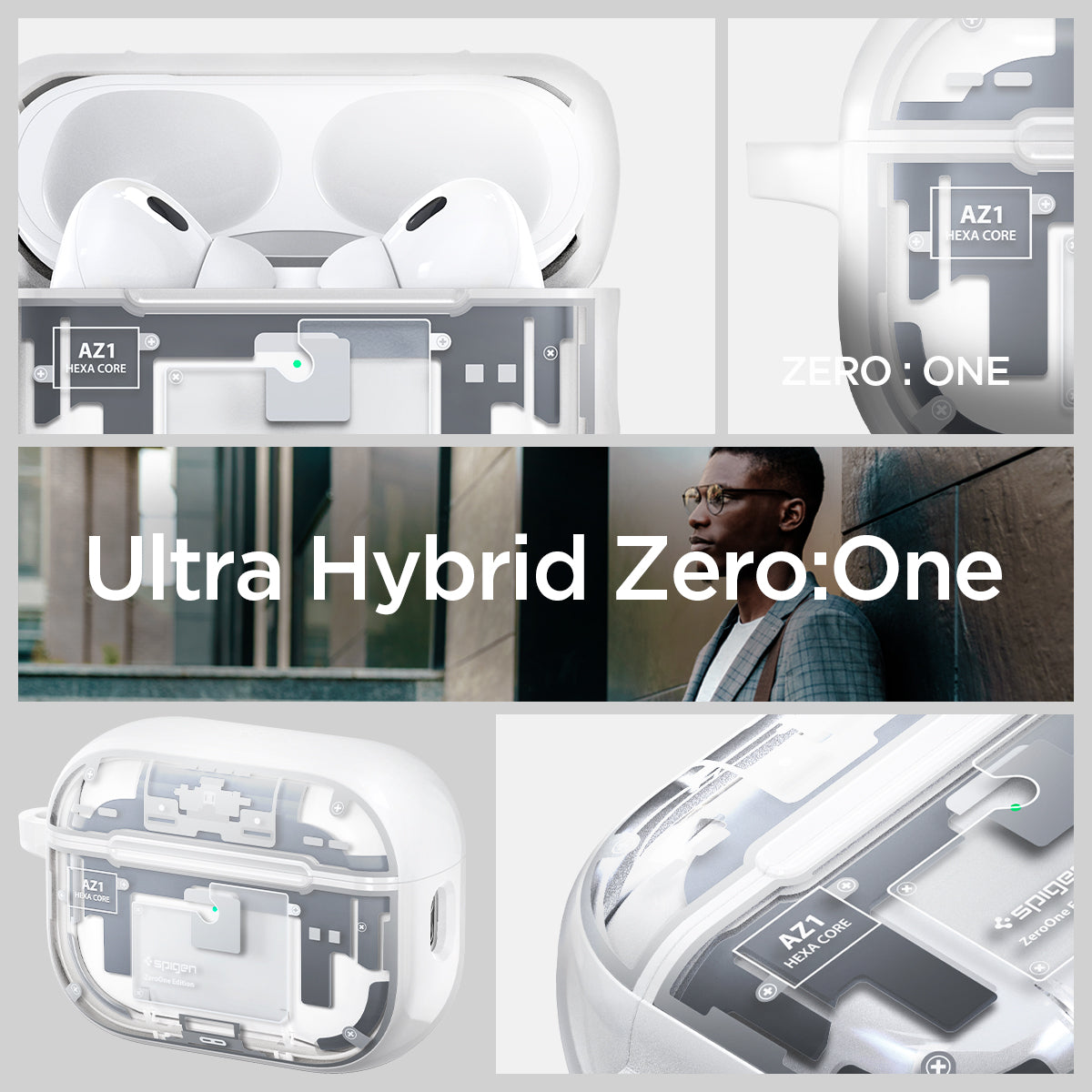 ACS07423 - AirPods Pro 2 Ultra Hybrid Zero One (MagFit) in Zero One White showing the different angles