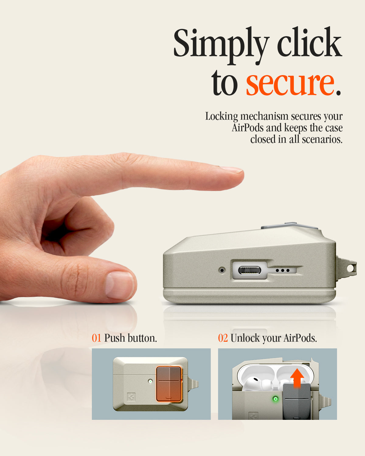 ACS10978 - AirPods Pro 3 Classic LS showing simply click to secure. Locking mechanism secures your Airpods and keeps the case closed in all scenarios