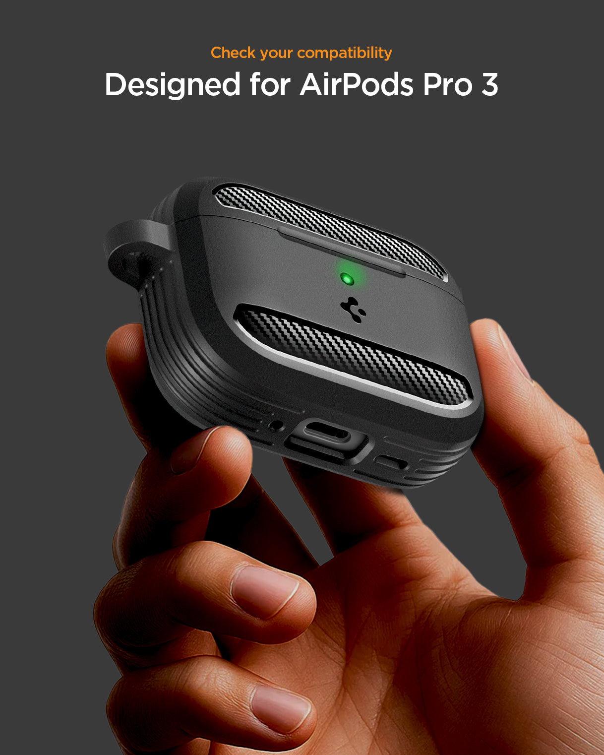 ACS09822 - AirPods Pro 3 Rugged Armor in Matte Black showing check your compatibility