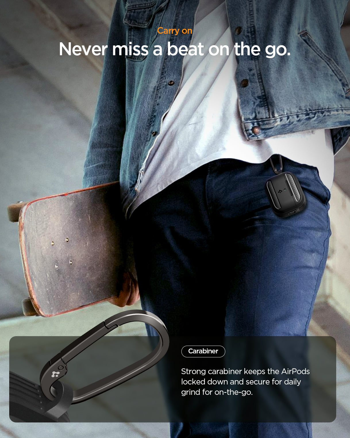 ACS09822 - AirPods Pro 3 Rugged Armor in Matte Black showing carry on. never miss a beat on the go