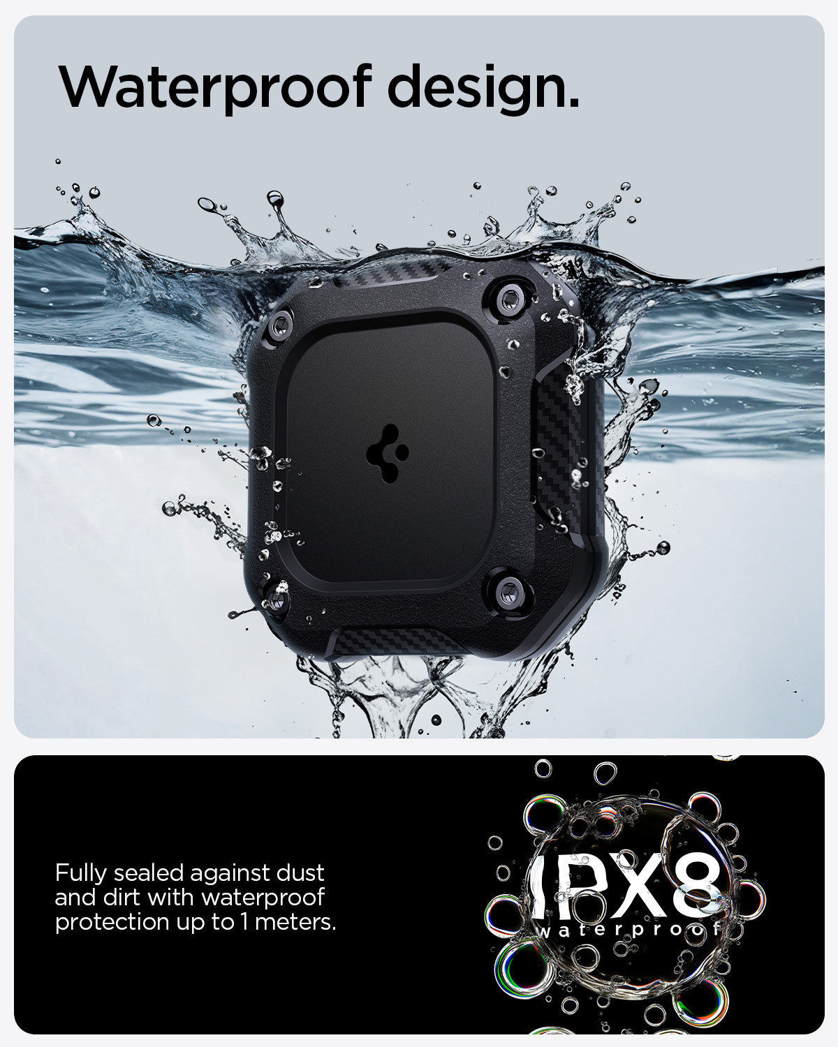 ACS10464 - 4 Pack Apple AirTag Tough Armor IP in Black showing the waterproof design. Fully sealed against dust and dirt with waterproof protection up to 1 meters