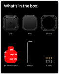 ACS10464 - 4 Pack Apple AirTag Tough Armor IP in Black showing what's in the box. Cap, Body and Silicone, 3 M adhesive tape, Wrench and 4 bolts