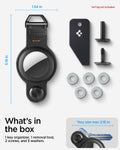 AHP09660 - Apple AirTag Valentinus Pro in Black showing what's in the box. 1 key organizer, 1 removal tool, 2 screws and 5 washers. Key size max 2.15 in