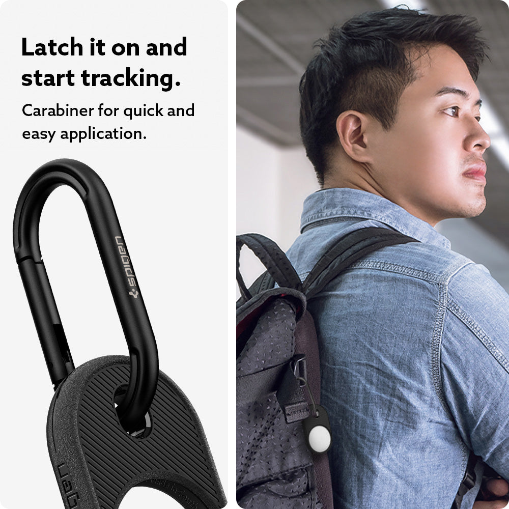 AMP01439 - Apple AirTag Series - Spigen Vault in Matte Black showing latch it on and start tracking 