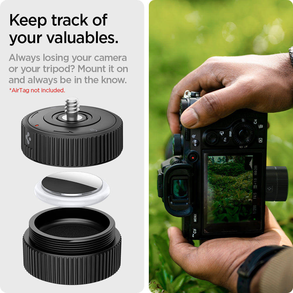 AHP04759 - AirTag Camera Mount Adapter in black showing how you can keep track of your valuables. Always losing your camera or your tripod? Mount it on and always be in the know