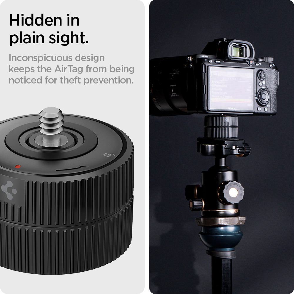 AHP04759 - AirTag Camera Mount Adapter in black showing the hidden in plain sight. Inconspicuous design keeps the AirTag from being noticed for theft prevention