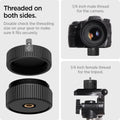 AHP04759 - AirTag Camera Mount Adapter in black showing threaded on both sides. Double check the threading size on your gear to make sure it fits securely. 1/4 inch male thread for the camera, 1/4 inch female thread for the tripod