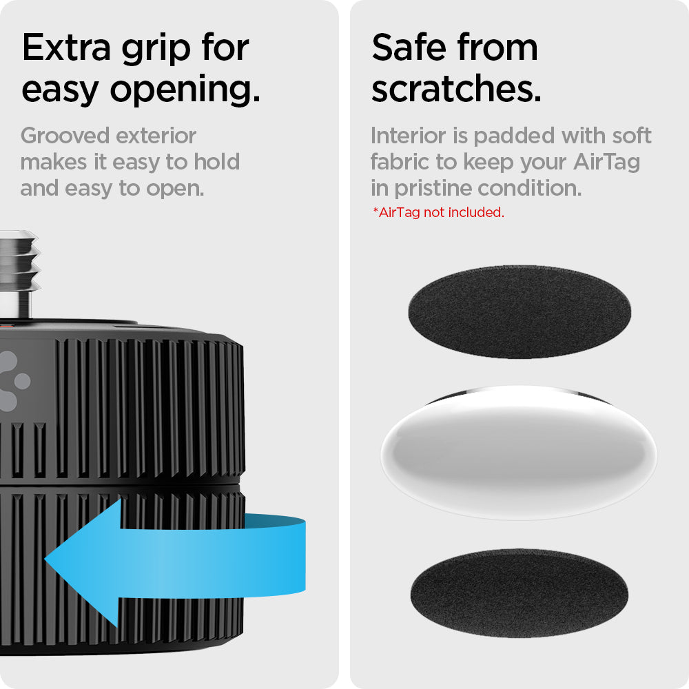 AHP04759 - AirTag Camera Mount Adapter in black showing the extra grip for easy opening. Grooved exterior makes it easy to hold and easy to open. Safe from scratches. Interior is padded with soft fabric to keep your AirTag in pristine condition