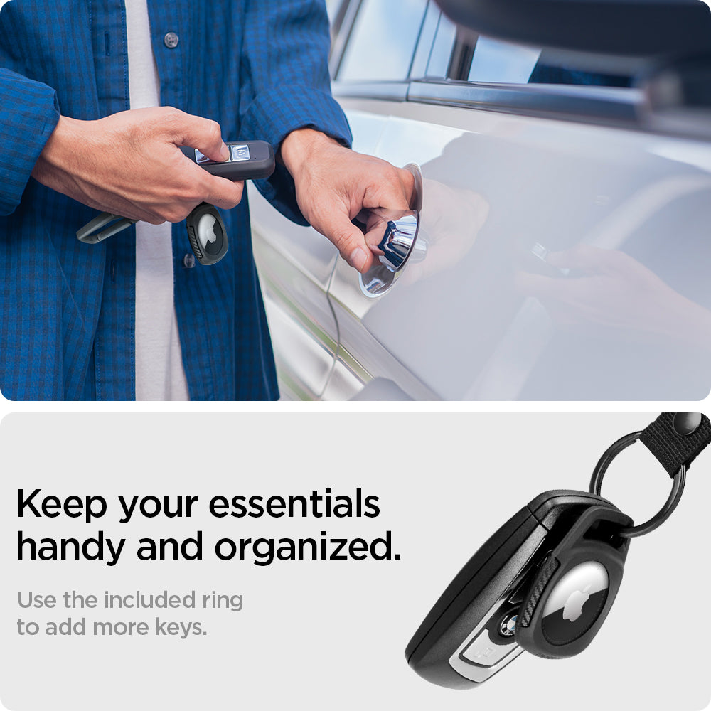 AMP01565 - AirTag Case Rugged Armor showing how keeping our essentials handy and organized. Use the included ring to add more keys