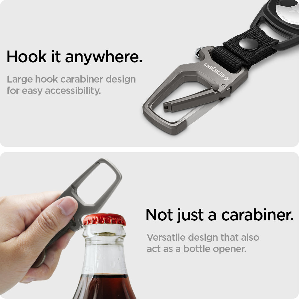 AMP01565 - AirTag Case Rugged Armor showing how you can hook it anywhere. Large hook carabiner design for easy accessibility. This is not just a carabiner, a versatile design that also act as a bottle opener