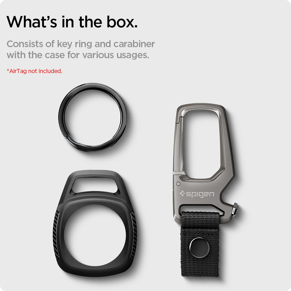 AMP01565 - AirTag Case Rugged Armor showing what's in the box. Consists of key ring ang carabiner with the case for various usage