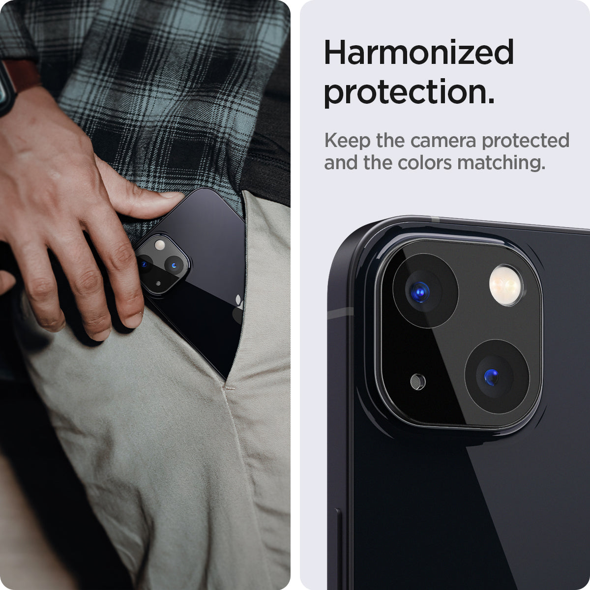 AGL03395 - iPhone 13 Mini / iPhone 13 Optik Lens Protector in black showing hamonized protection. Keep the camera protected and the colors matching
