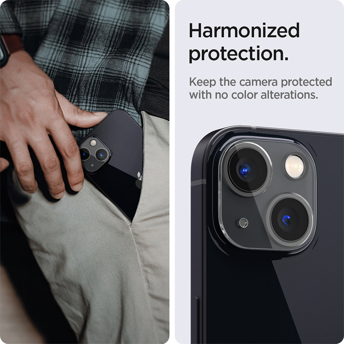 AGL04105 - iPhone 13 Mini / iPhone 13 Optik Lens Protector in crystal clear showing hamonized protection. Keep the camera protected and the colors matching