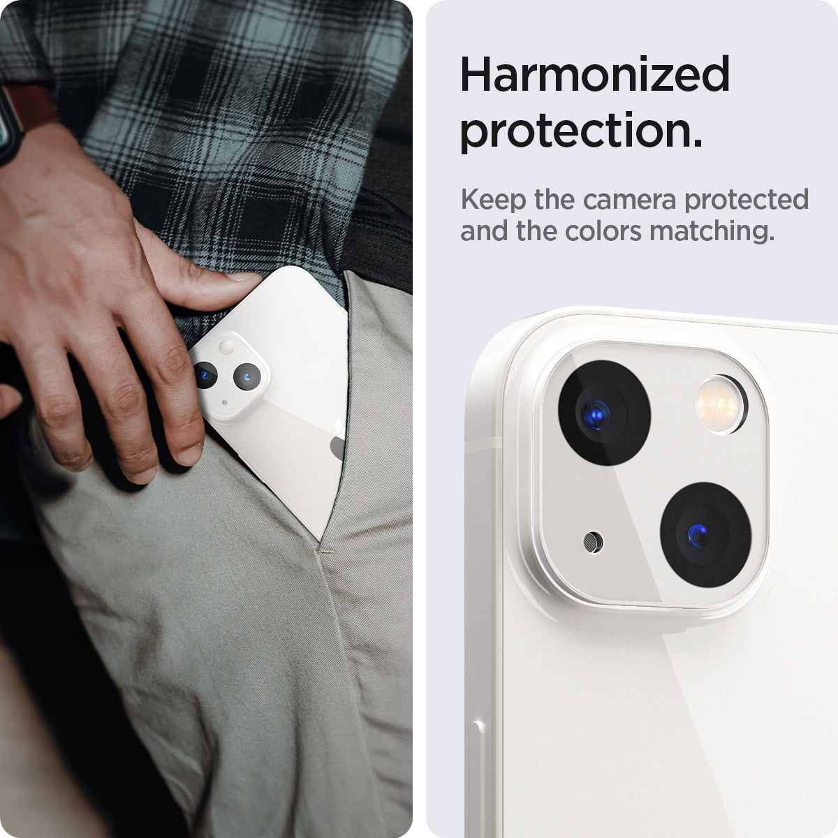 AGL04038 - iPhone 13 Mini / iPhone 13 Optik Lens Protector in starlight showing hamonized protection. Keep the camera protected and the colors matching