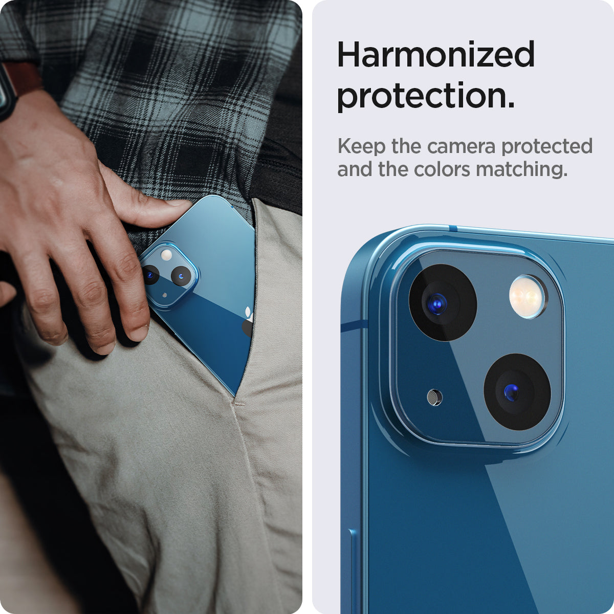 AGL04037 - iPhone 13 Mini / iPhone 13 Optik Lens Protector in blue showing hamonized protection. Keep the camera protected and the colors matching