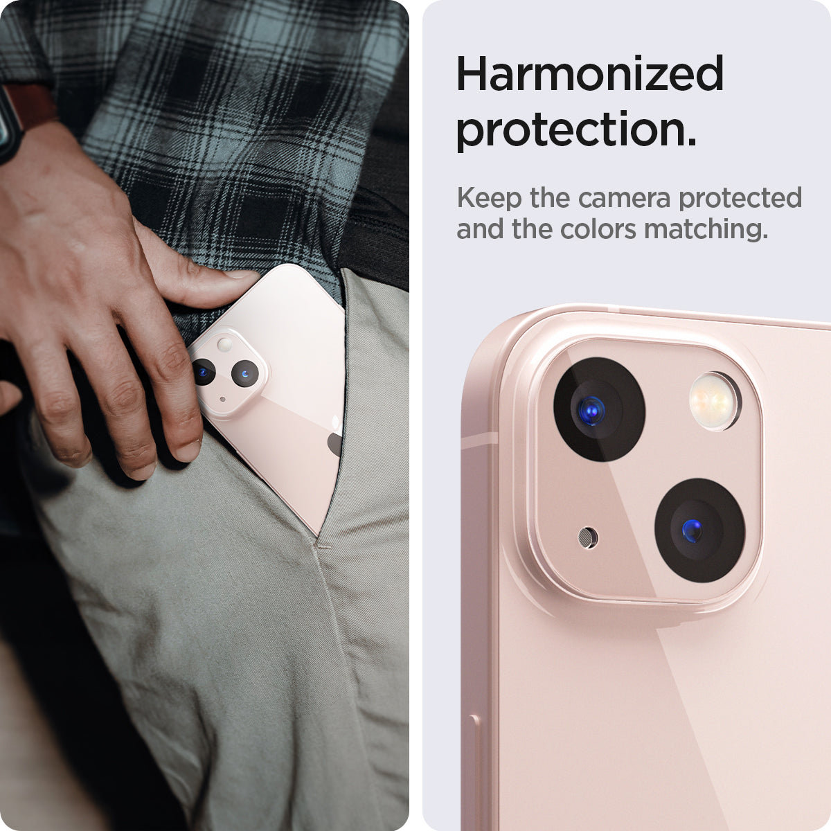 AGL04036 - iPhone 13 Mini / iPhone 13 Optik Lens Protector in pink showing hamonized protection. Keep the camera protected and the colors matching