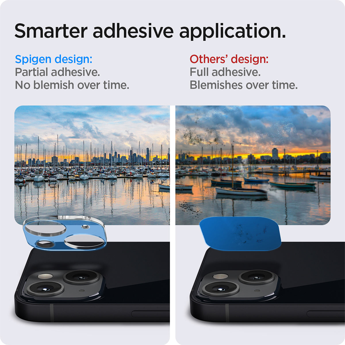 AGL04105 - iPhone 13 Mini / iPhone 13 Optik Lens Protector in crystal clear  showing smarter adhesive application. Spigen design partial adhesive. No blemish over time. Other's design full adhesive over time.