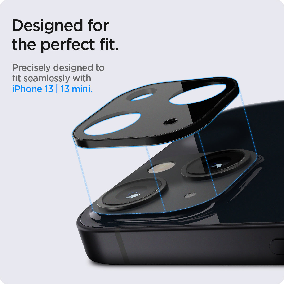 AGL03395 - iPhone 13 Mini / iPhone 13 Optik Lens Protector in black showing designed for the perfect fit. Precisely designed to fit seamlessly with iPhone 13 and 13 mini