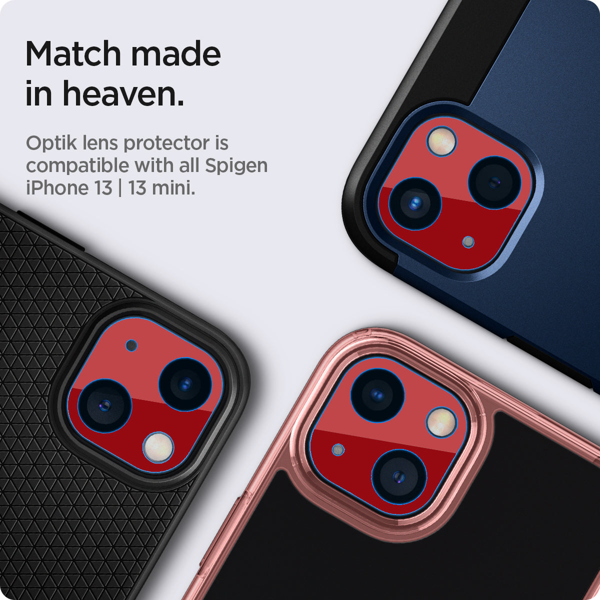 AGL04039 - iPhone 13 Mini / iPhone 13 Optik Lens Protector in red showing match made in heaven. Optik lens protectors is compatible with all spigen iPhone 13 and 13 mini max cases.