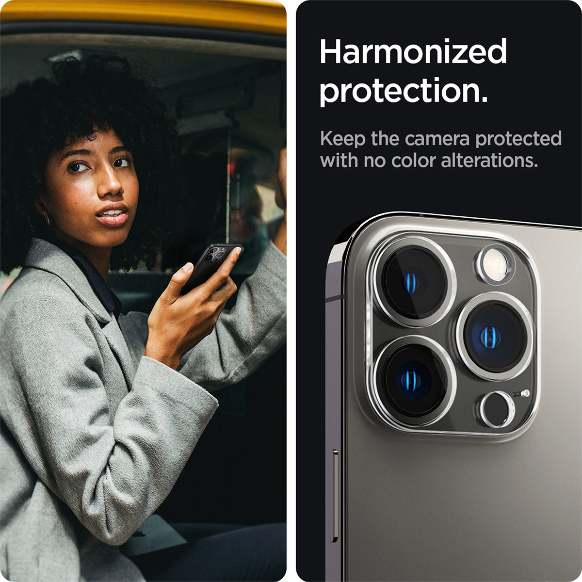 AGL04104 - iPhone 13 Pro Max / iPhone 13 Pro Optik Lens Protector in crystal clear showing hamonized protection. Keep the camera protected and the colors matching