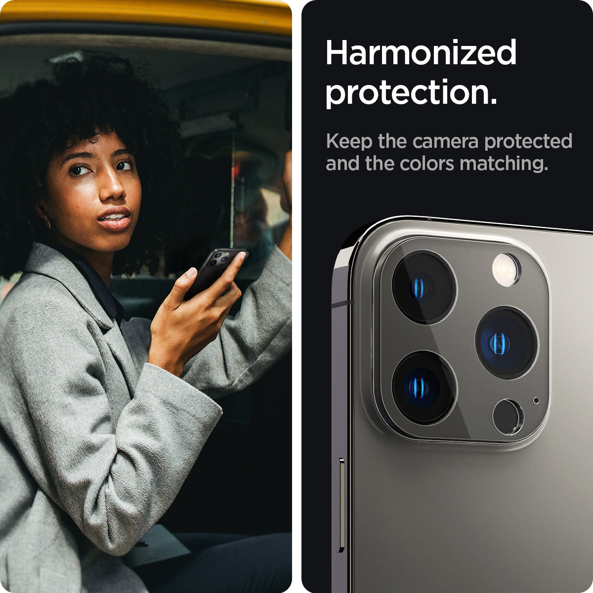 AGL04035 - iPhone 13 Pro Max / iPhone 13 Pro Optik Lens Protector in graphite showing hamonized protection. Keep the camera protected and the colors matching