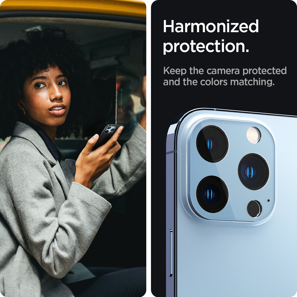 AGL04032 - iPhone 13 Pro Max / iPhone 13 Pro Optik Lens Protector in sierra blue showing hamonized protection. Keep the camera protected and the colors matching