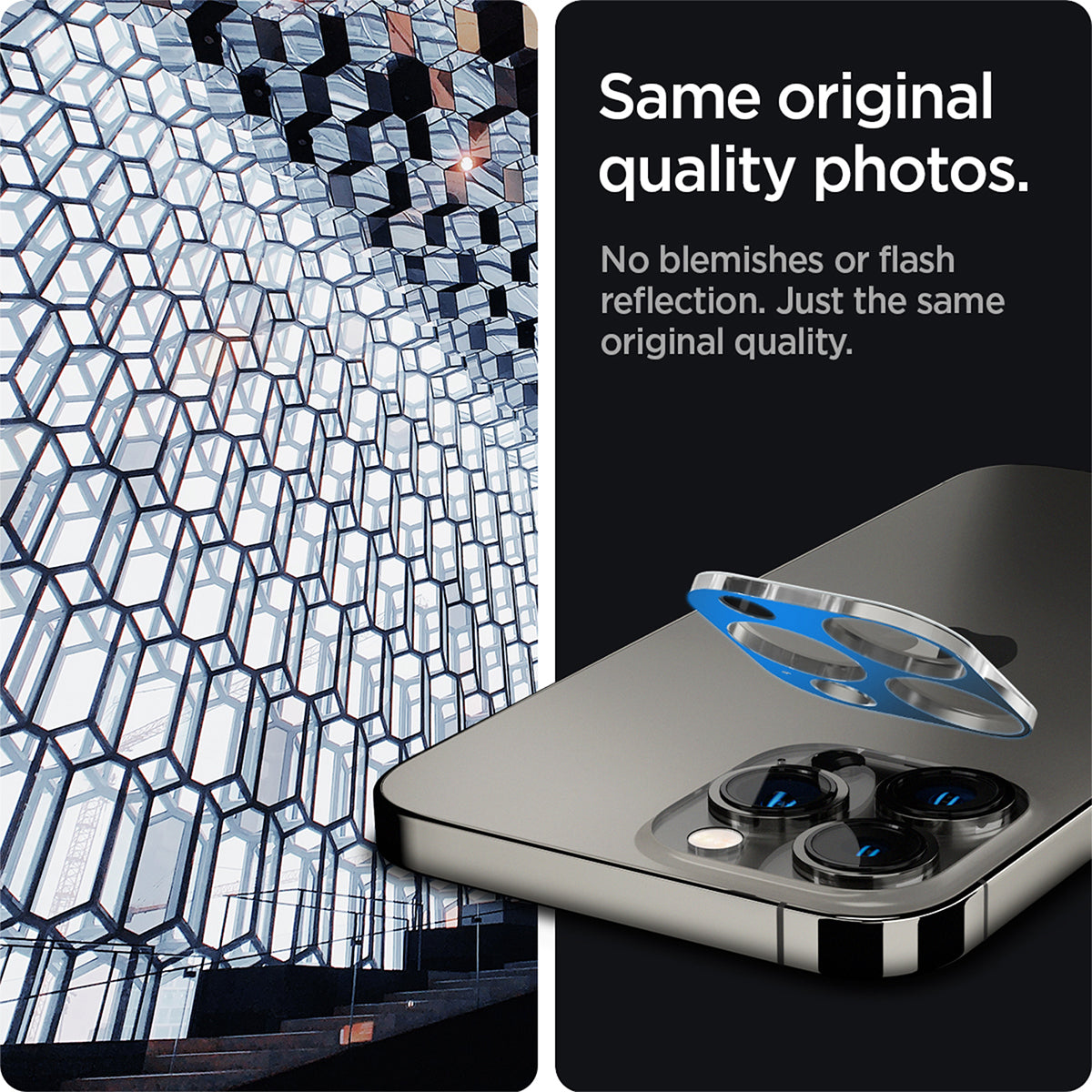AGL04104 - iPhone 13 Pro Max / iPhone 13 Pro Optik Lens Protector in crystal clear showing same original quality photos. No blemishes or flash reflection. Just the same original quality.