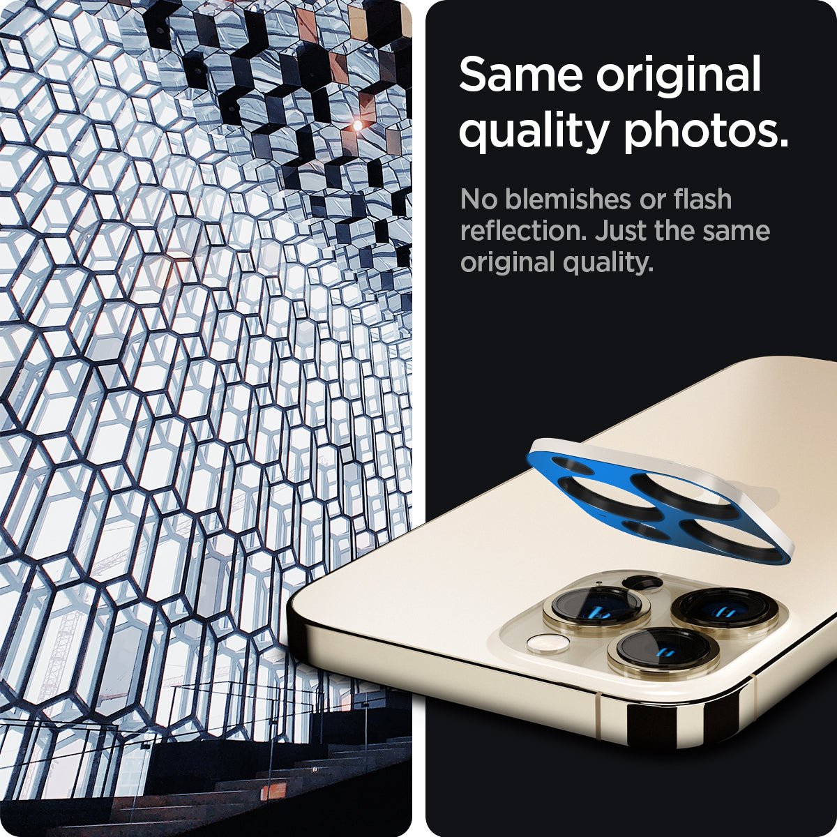 AGL04034 - iPhone 13 Pro Max / iPhone 13 Pro Optik Lens Protector in gold showing same original quality photos. No blemishes or flash reflection. Just the same original quality.
