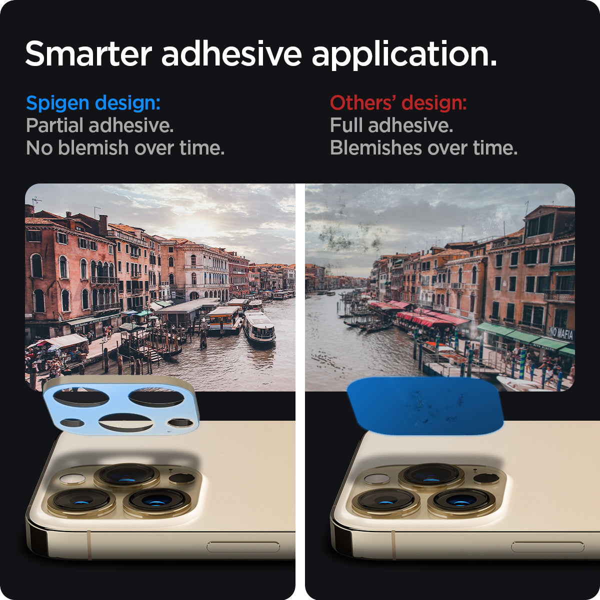 AGL04034 - iPhone 13 Pro Max / iPhone 13 Pro Optik Lens Protector in gold showing smarter adhesive application. Spigen design partial adhesive. No blemish over time. Other's design full adhesive over time.