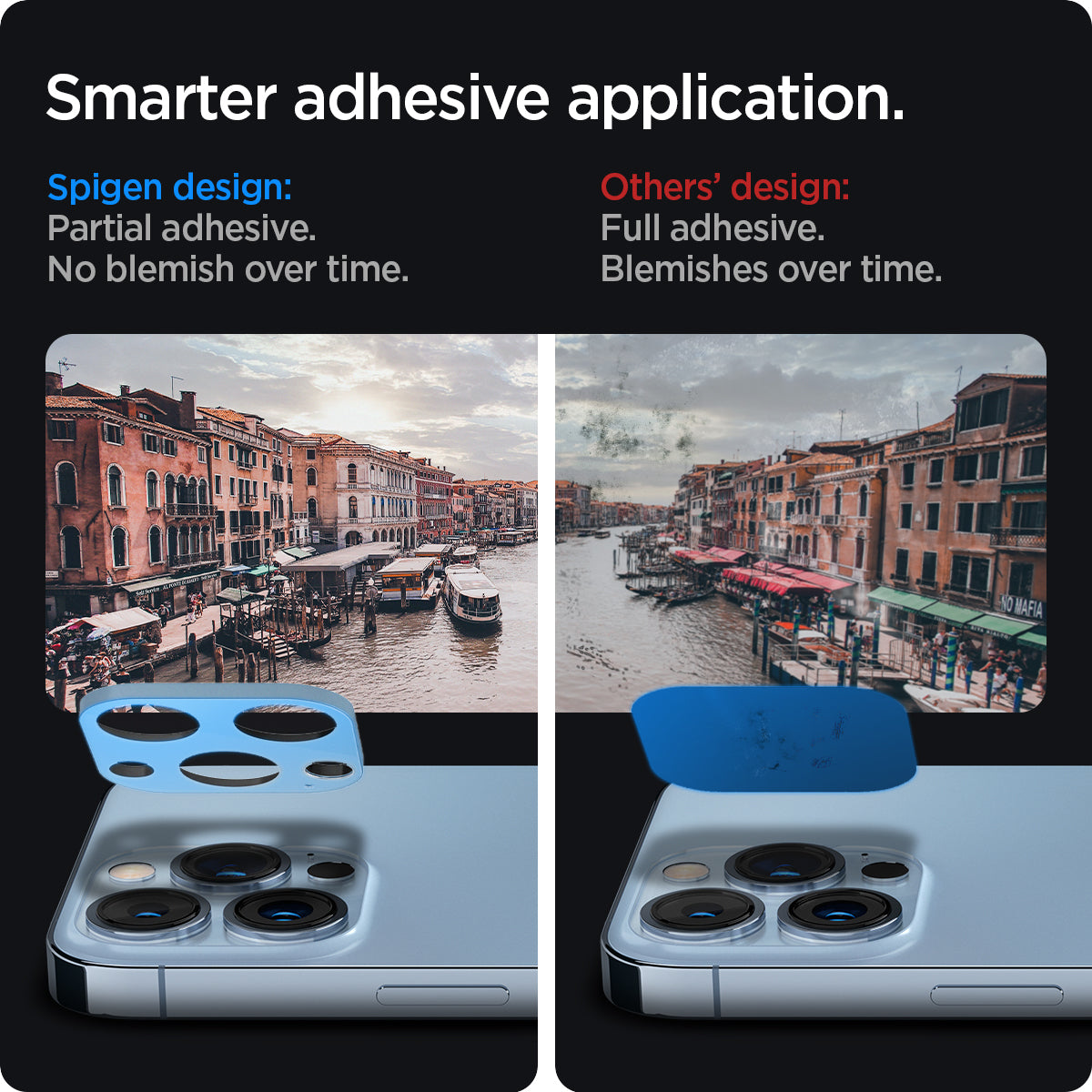 AGL04032 - iPhone 13 Pro Max / iPhone 13 Pro Optik Lens Protector in sierra blue showing smarter adhesive application. Spigen design partial adhesive. No blemish over time. Other's design full adhesive over time.