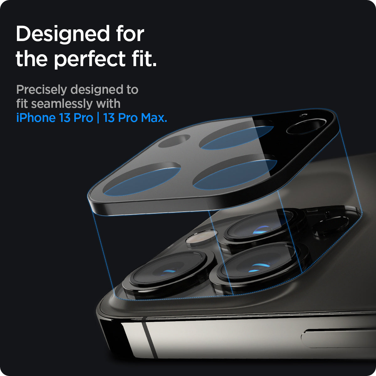 AGL03381 - iPhone 13 Pro Max / iPhone 13 Pro Optik Lens Protector in black showing designed for the perfect fit. Precisely designed to fit seamlessly with iPhone 13 pro and 13 pro max