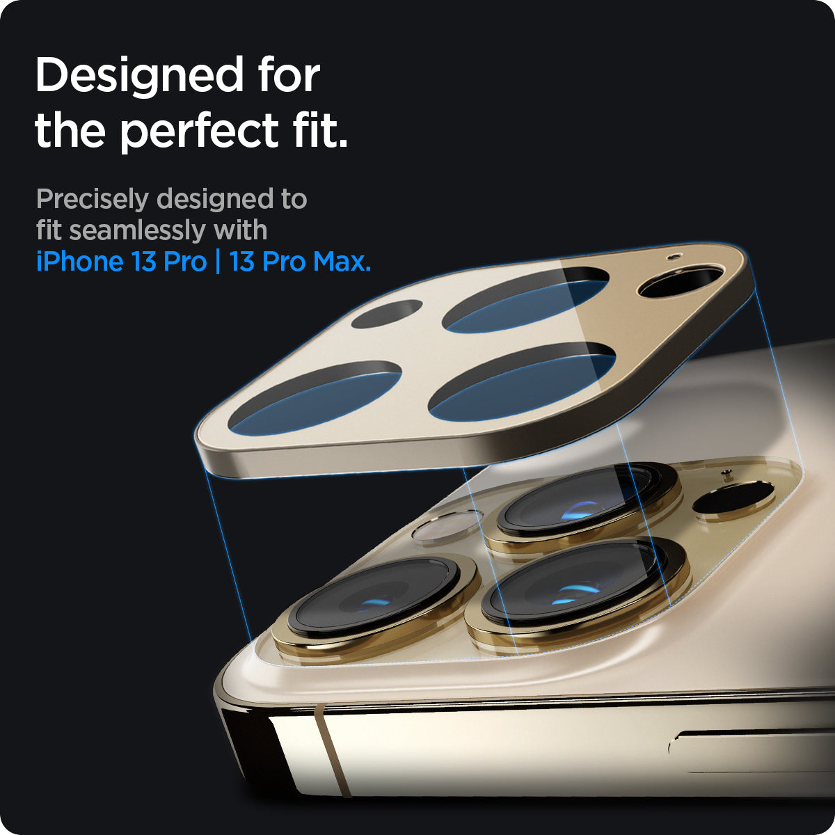 AGL04034 - iPhone 13 Pro Max / iPhone 13 Pro Optik Lens Protector in gold showing designed for the perfect fit. Precisely designed to fit seamlessly with iPhone 13 pro and 13 pro max