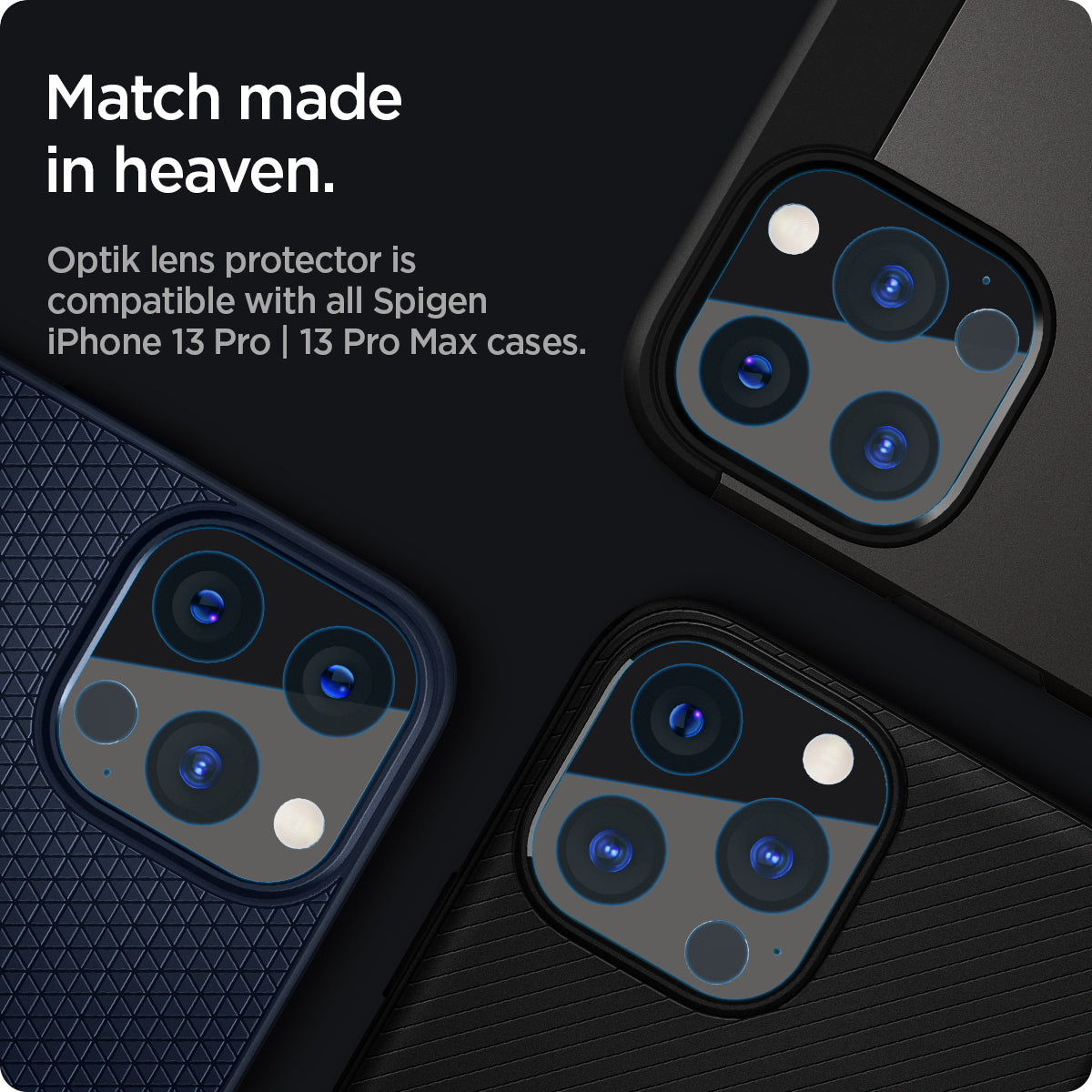 AGL03381 - iPhone 13 Pro Max / iPhone 13 Pro Optik Lens Protector in black showing match made in heaven. Optik lens protectors is compatible with all spigen iPhone 13 pro and 13 pro max cases.