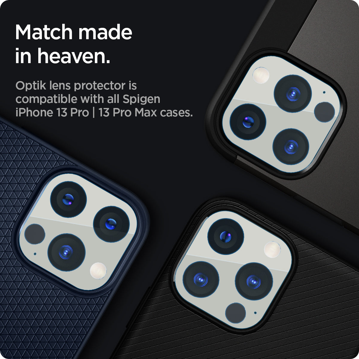 AGL04033 - iPhone 13 Pro Max / iPhone 13 Pro Optik Lens Protector in silver showing match made in heaven. Optik lens protectors is compatible with all spigen iPhone 13 pro and 13 pro max cases.